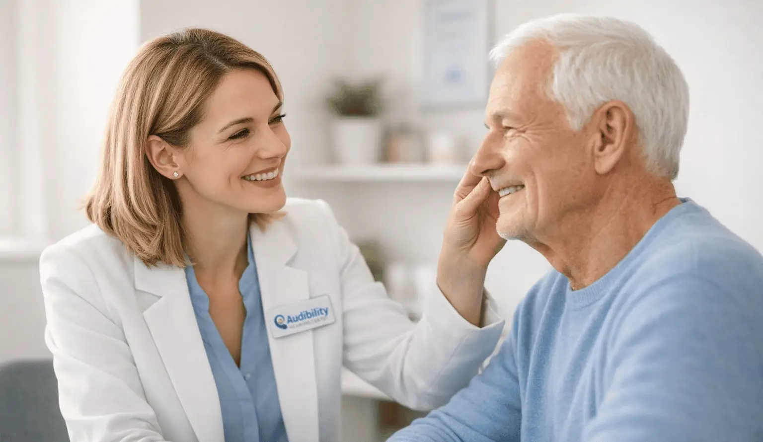 Clinician smiling while supporting a patient during a hearing care consultation