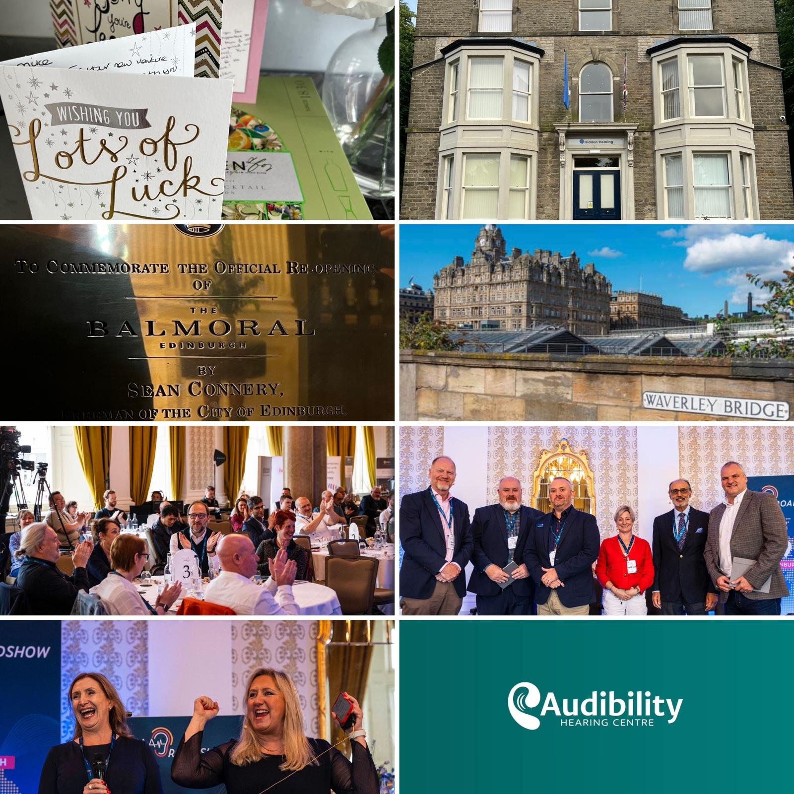 Collage of moments from July 2024 including Edinburgh landmarks, BSHAA Connect, a good luck card and the Audibility logo.