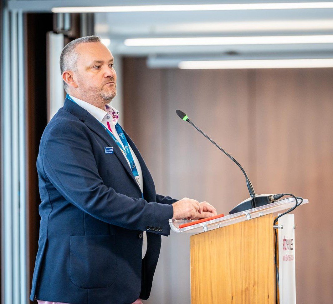 Michael Marchant speaking at a national audiology event in 2025, where tympanometry and middle-ear testing were key themes.