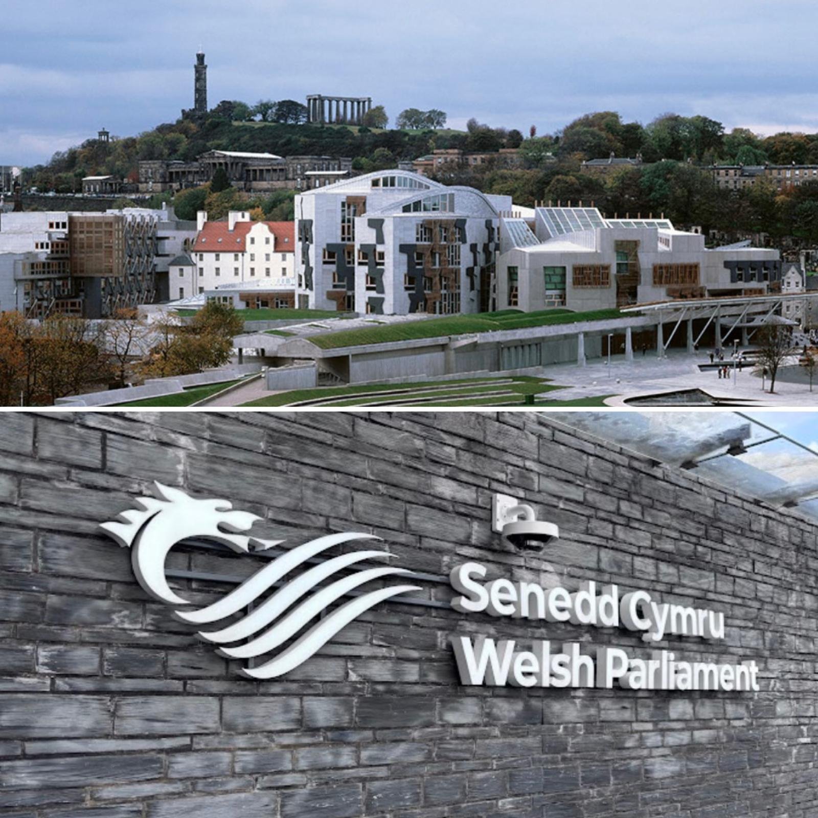 Collage showing the Scottish Parliament building in Edinburgh and the Senedd Cymru Welsh Parliament signage, representing discussions on hearing‑care access across Scotland and Wales.