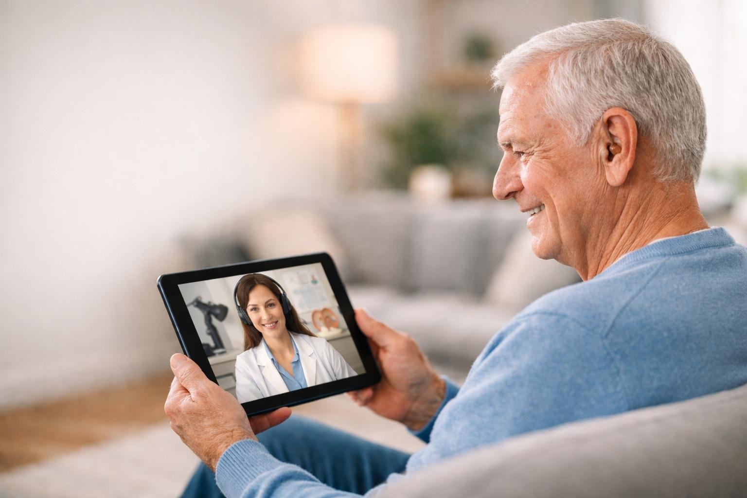 Older adult speaking with a hearing care professional via telehealth video appointment on a tablet.
