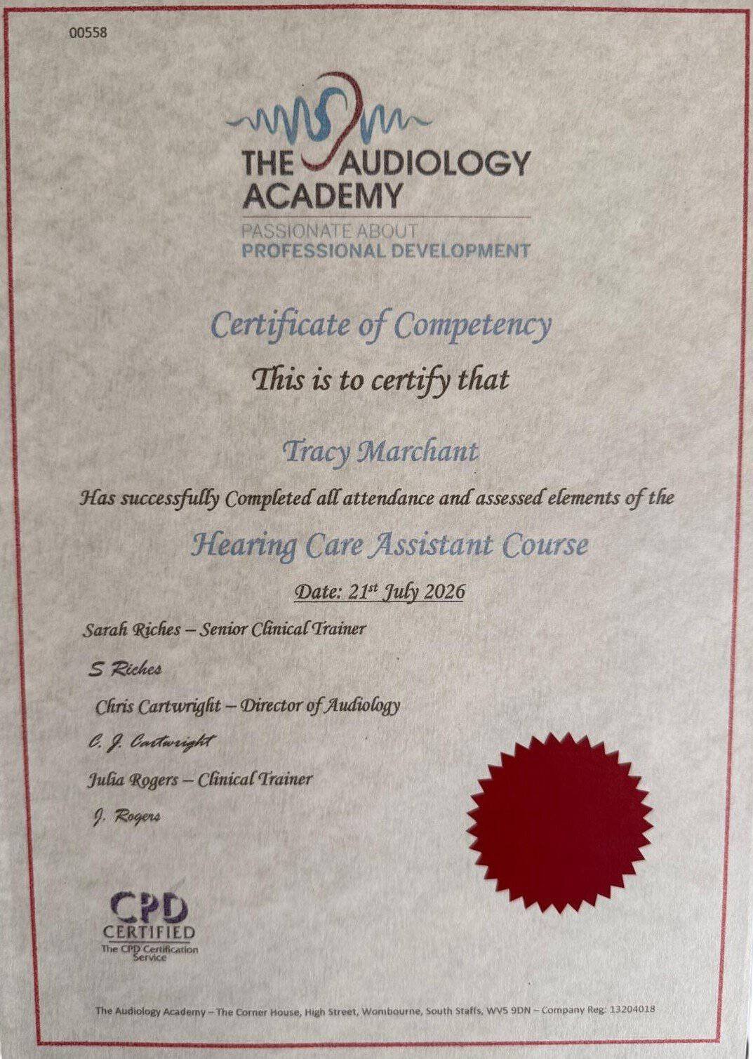 Certificate of Competency awarded to Tracy Marchant for completing The Audiology Academy’s Hearing Care Assistant course